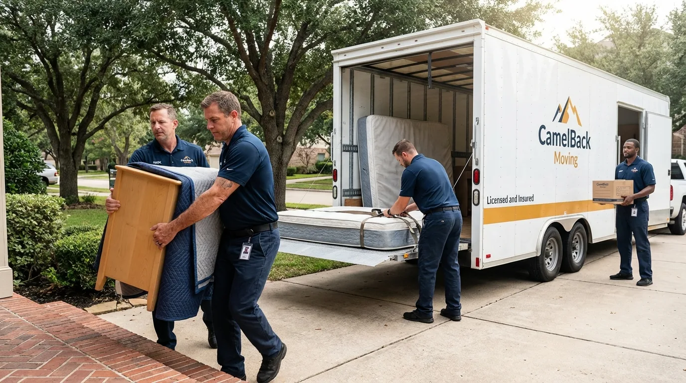 Crew loading residential truck for cross-state move from Austin, AR
