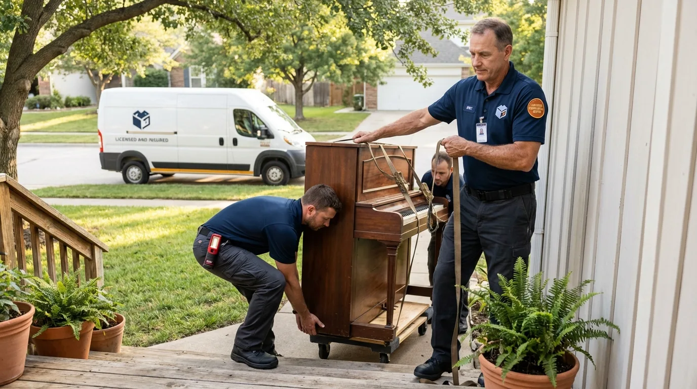 Licensed piano movers securing grand piano in Austin, AR