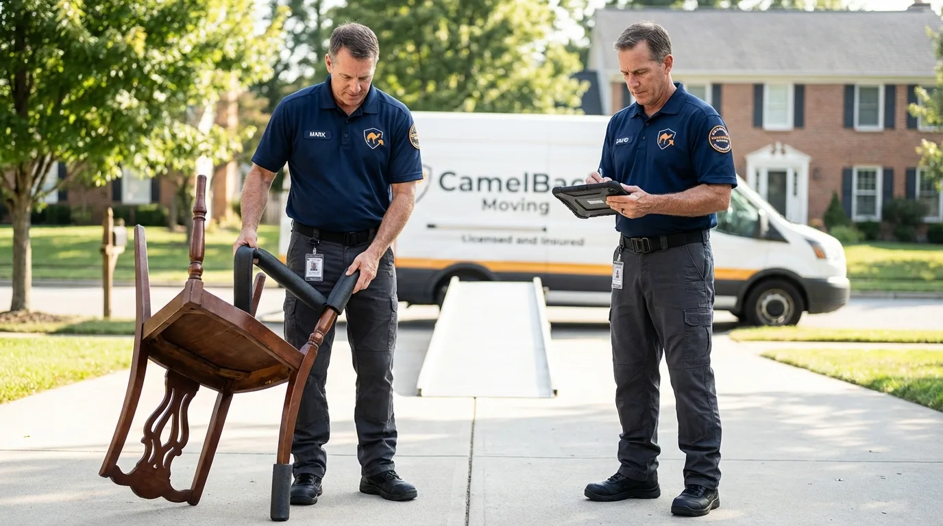 Movers inspecting furniture for damage prevention before loading in Austin, AR