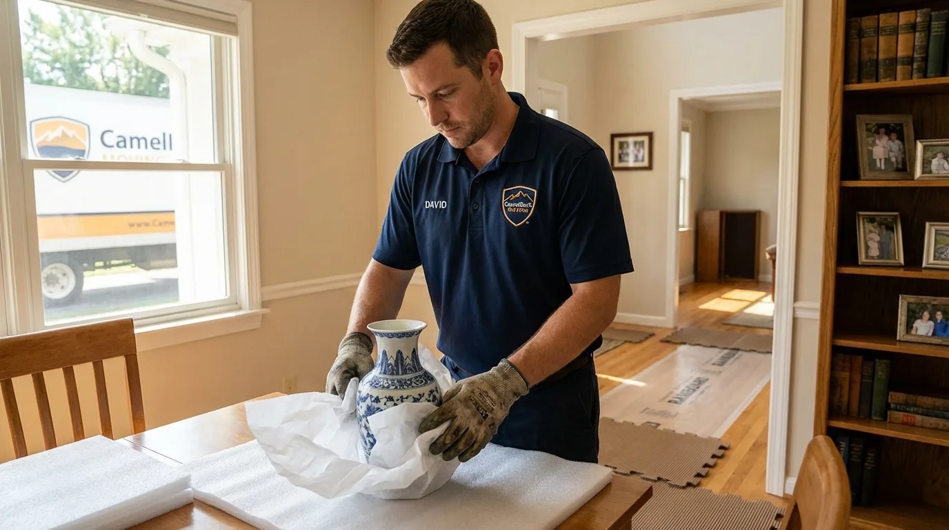 Professional crew carefully wrapping antique vase for senior downsizing move in Austin, AR